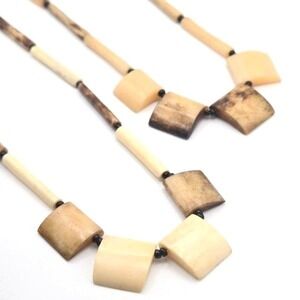 Vintage 70s Handmade‎ Bead Necklace Pair Geometric Tribal Boho Natural Carved